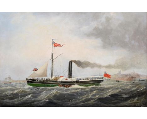 John Scott (fl.1844-1866)  Portrait of the steamer Providence off a coastline  Signed and dated 1876, oil on canvas, 49.5cm b