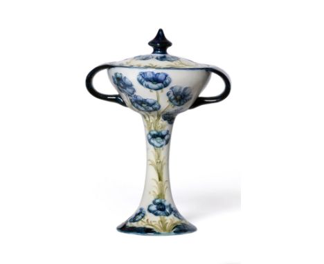 A William Moorcroft Macintyre Florian Ware Poppy Pattern Twin-Handled Cup and Cover, circa 1903-4, in blue and green on a whi