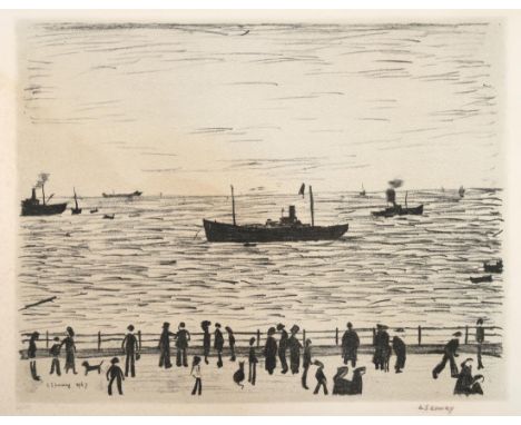 After Laurence Stephen Lowry RA (1887-1976) ''Seaside Promenade'' Signed in brown crayon and numbered 66/75, a black and whit