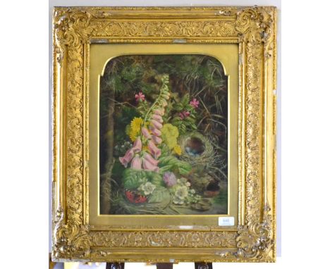 Thomas Worsey (1829-1875)  Still life of a bird's nest, butterflies and foxgloves Signed and dated 1856, oil on canvas, 39cm 