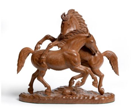 A Robert ''Mouseman'' Thompson Carved Oak Stallion Group, modelled as two rearing fighting stallions, on a tooled base with c