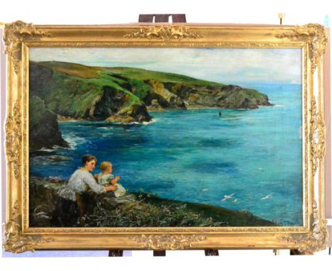 John Robertson Reid (1851-1926) Mother and child seated on headland looking out to sea  Signed and dated (19)09 oil on canvas