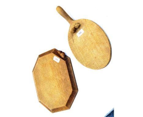 A Robert ''Mouseman'' Thompson Oak Cheese Board, circa 1950's, with carved mouse signature on the board, 37cm; and A Robert '