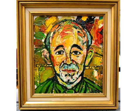 John Bratby (1928-1992) Head and shoulders portrait of Steve Race Signed, labels verso inscribed ''Greenwich Dec.11th, 1977, 