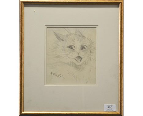 Louis Wain (1860-1939) Head study of a laughing cat Signed, pencil, 18cm by 15.5cm  