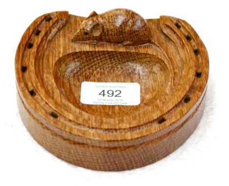 A Robert ''Mouseman'' Thompson Oak Horseshoe Pin Tray, with carved mouse signature, 13cm 
