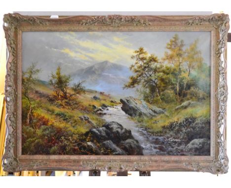 Alfred Fontville de Breanski (1877-1955)  Highland landscape with cattle grazing  Signed, oil on canvas, 48.5cm by 73.5cm   I