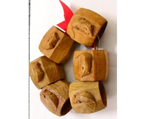 Six Robert ''Mouseman'' Thompson Oak Napkin Rings, of octagonal form, each with carved mouse signature, 5cm 