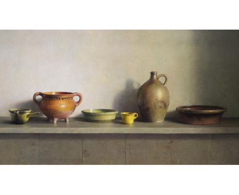 Henk Helmantel (b.1945) Dutch  Still life of a terracotta bowl, a stoneware flask and other pottery vessels on a ledge  Signe