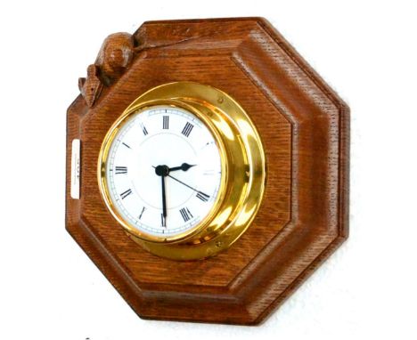 A Robert ''Mouseman'' Thompson Octagonal Oak Wall Clock, with carved mouse signature,19cm 