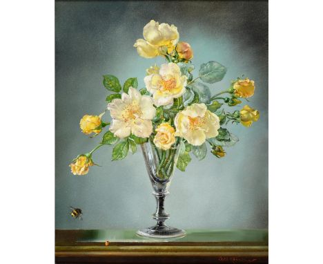 Cecil Kennedy (1905-1997) Still life of yellow roses in a glass vase with a bumble bee and ladybird Signed, oil on canvas, 49