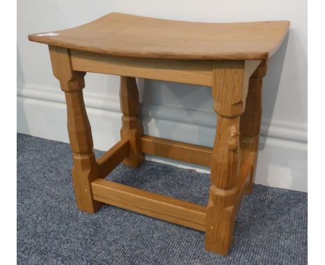 A Robert ''Mouseman'' Thompson Oak Dish Top Stool, on four octagonal legs, joined by stretchers, with carved mouse signature,