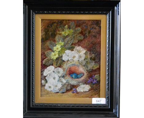 Vincent Clare (1855-1930)  Still life of a bird's nest and flowers on a bank  Signed, oil on canvas, 21.5cm by 16.5cm   Overa