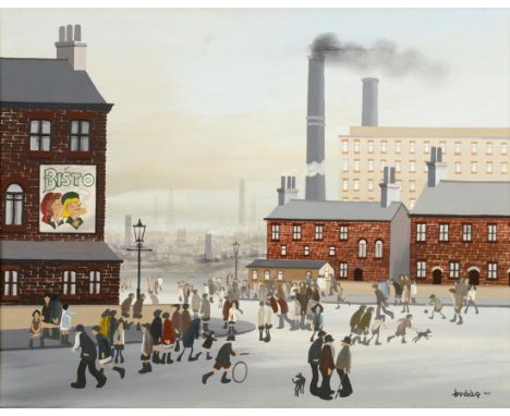Brian Shields ''Bráaq'' FBA (1951-1997) Industrial street scene with figures Signed and inscribed ''Ann'', oil on canvas, 34.