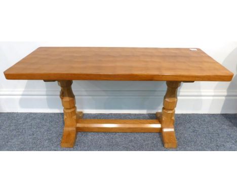 A Robert ''Mouseman'' Thompson Oak 3ft Coffee Table, on two octagonal legs joined by a stretcher at floor level, with carved 
