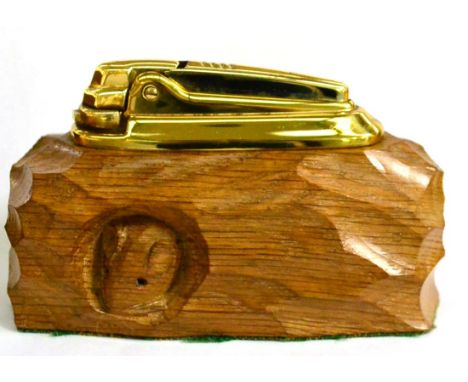 A Robert ''Mouseman'' Thompson Oak Ronson Table Lighter, with recessed carved mouse signature, 10cm long 