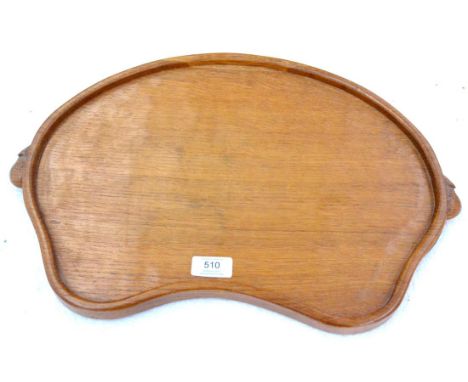 A Robert ''Mouseman'' Thompson Oak Kidney Shaped Tea Tray, with two carved mice handles, 47cm  There is a black mark on the u