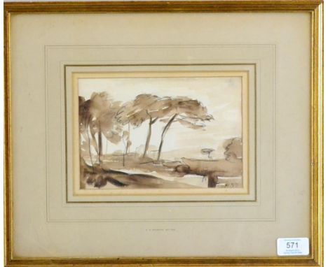 Hercules Brabazon Brabazon (1821-1906) Landscape with trees  Initialled, pencil and sepia wash, 13cm by 19cm  Sporadic, small