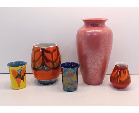 POOLE POTTERY - A vase decorated with a blue and orange pattern on a yellow back ground, pink lustre vase 26cm tall, and 2 or
