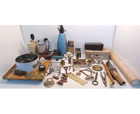 A BAKOLITE HINGED BOX, A CASH TIN WITH MAINLY FOREIGN COINS AND A GUILLOTINE, A SODA SYPHON, HORLICK MIXER BOXED AND GLASS BO