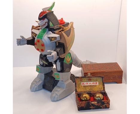MATTEL POWER RANGERS DRAGONARD 15" TALL, ORIENTAL WOODEN BOX AND PAIR OF CHINESE IRON BALLS