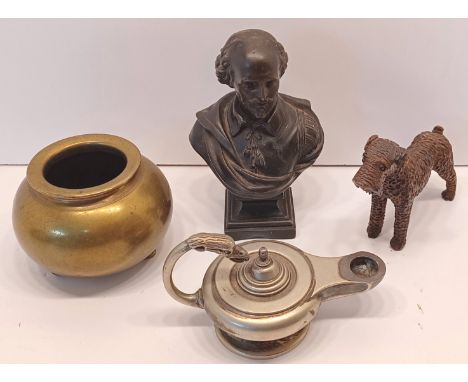 BRONZED BUST SHAKESPEARE, AIREDALE WOODEN DOG, BRASS INCENSE BURNER, PLATED OIL LAMP