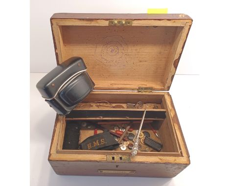 NAVY INTEREST - A LOCKABLE WOODEN BOX, SILVER HANDLED BUTTON HOOK, CAMERA, BADGES &amp; BUTTONS ETC