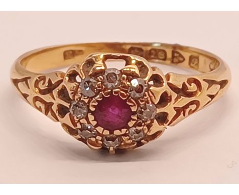 18CT GOLD RUBY AND DIAMONDS RING SIZE M 2.1g