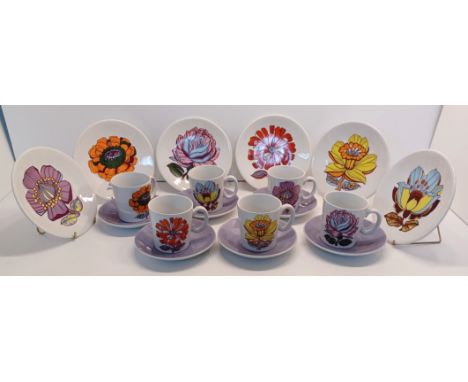 WASHINGTON FLOWER POWER POTTERY SIX CUPS, SAUCERS AND SIDE PLATES