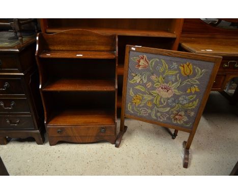 A small mahogany waterfall bookcase with three shelves and single drawer, 82 cm high x 54 cm wide, top shelf 15.5 cm deep, ba