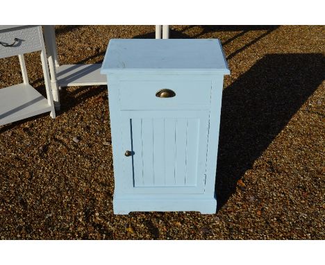 An Edwardian bedside cabinet painted in light blue, with single drawer over panelled cupboard door, 50 cm wide x 36 cm deep x