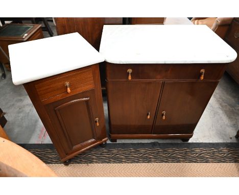 A mahogany marble top side cabinet with single drawer over a pair of cupboard doors, 70 cm wide to/w a smaller bedside cabine