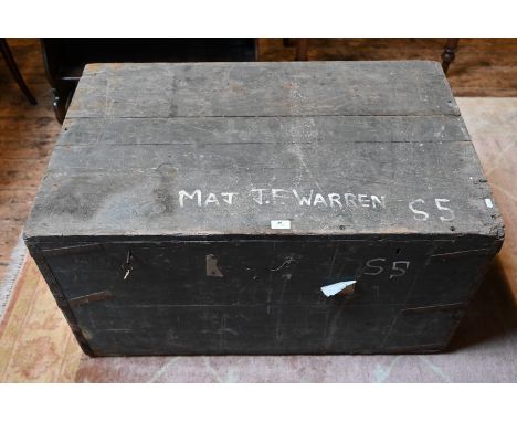 An antique painted pine iron bound trunk, 97 cm wide x 62 cm deep x 54 cm high