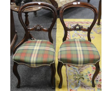 A pair of Victorian mahogany balloon back dining, chairs, shaped and carved horizontal splat, shaped stuffed over seat, Frenc