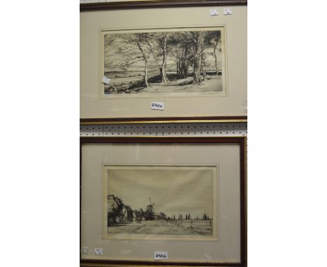 Eveleen Buckton, by and after, a pair,  Windmill and Trees, monochrome etching, 18cm x 30cm