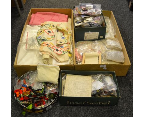 Textiles - linen tablecloths, cotton sheets; silk embroidery threads; (4 boxes)
