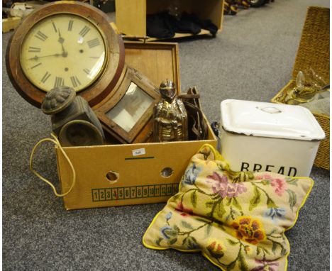 An enamel bread bin; a needlepoint cushion ; a Victorian drop pendulum wall clock(faults); a twin handled wooden tray ; a sna