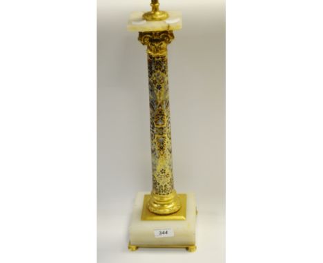 A 20th Century champlevé Corinthian column table lamp, onyx base