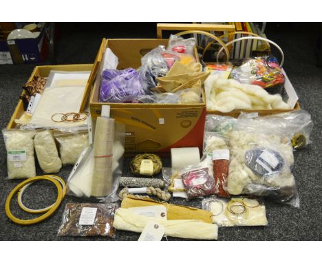 Textiles - silk embroidery thread; counted cross stitch frames and fabric (3 boxes)