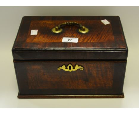An early 19th century rectangular tea caddy, crossbanded, brass scroll handle, 26.5cm high, c.1760