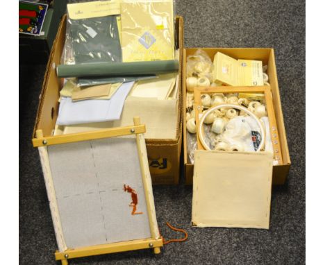 Textiles - DMC silk thread ; embroidery frames; counted cross stitch fabric;  etc (2 boxes)