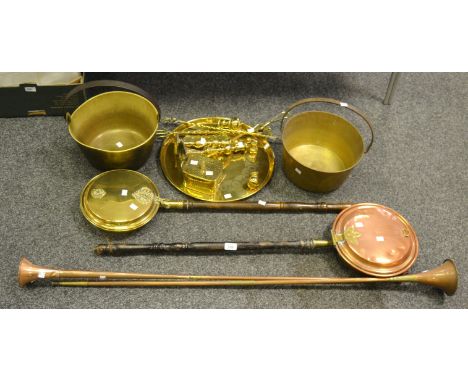 Copper and Brass - a pair of 19th Century brass jam pans; a copper warming pan; a brass Art Nouveau style warming pan; a pair