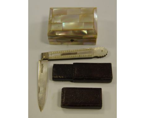A Victorian silver and mother of pearl fruit knife, Sheffield 1841; a Victorian mother of pearl casket, c.1880 (2)