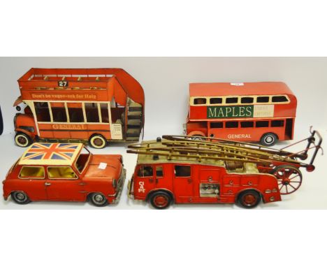 Toys - a contemporary tin plate open-top double-decker bus; a Mini Cooper with a Union Jack roof; a fire engine; etc. (4)