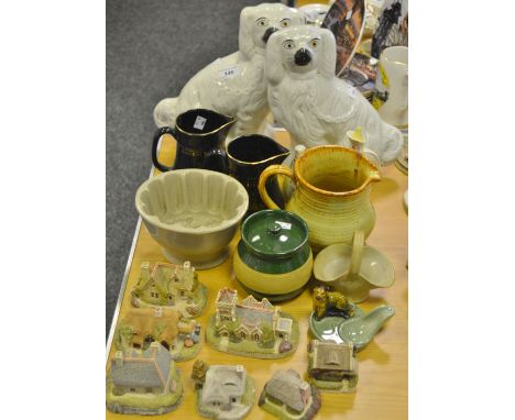 A pair of early 20th century Staffordshire mantel dogs, a jelly mould; Glenfiddich whisky jugs; Wade Alsatian pipe rest, etc 