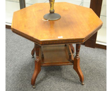 A late Victorian mahogany occasional table, octagonal top, gadrooned frieze, turned supports, square galleried undertier, cab