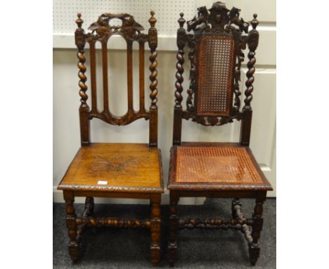 A 19th Century Jacobean-style oak chair, carved and turned back, panel seat, turned supports; another (2)