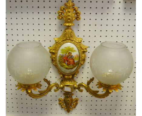 Lighting - a set of 7 Roccoco-style contemporary gilt metal twin branch wall lights with shades, qty. 