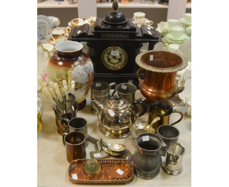 A Victorian slate mantel clock; an early 20th Century overpainted opaque glass vase; pewter tankards; a cut glass dressing ta