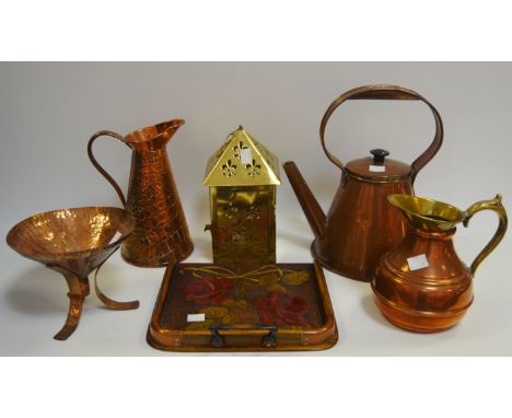 Copper and Brass - a copper kettle; a hammered copper bowl on a stand; a copper jug; a poker work crumb tray; a brass lantern